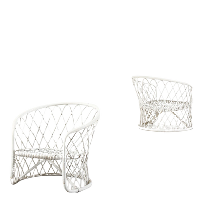 Pair 1960s Italian : white painted harlequin rattan garden chairs