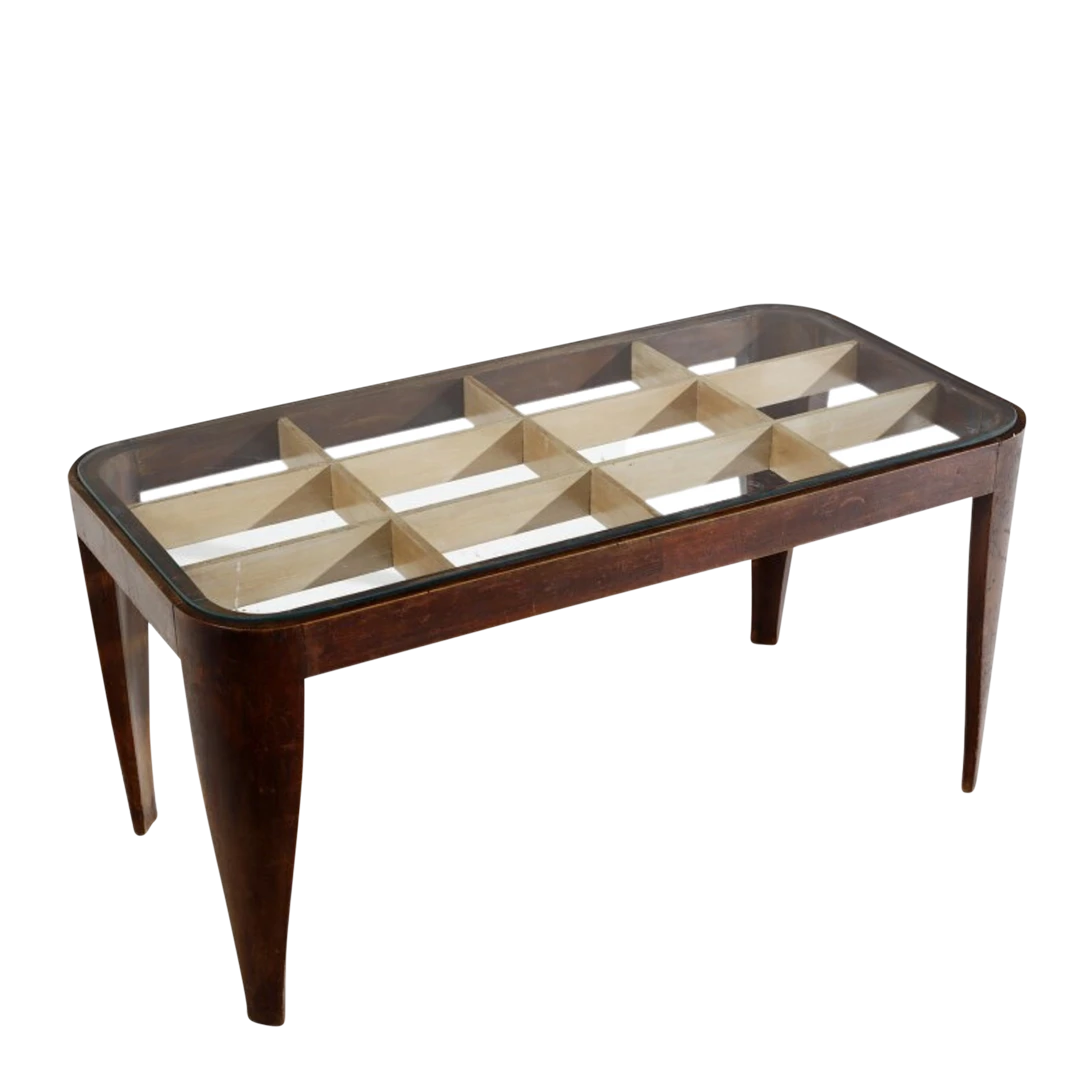 1950s Gio Ponti (attr.) : walnut lattice & glass coffee table