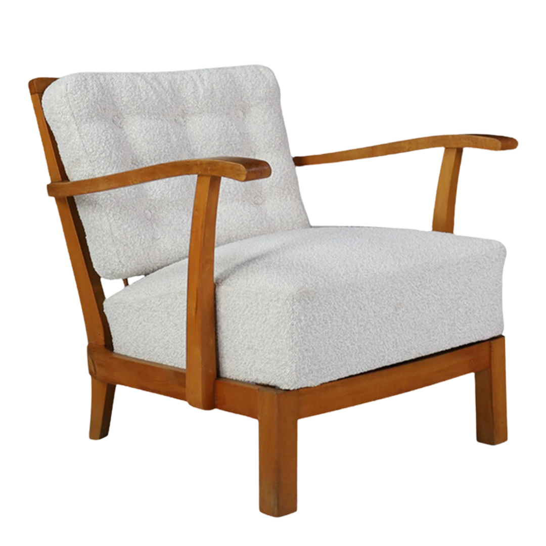 1950s French : slatted elmwood armchair with white bouclé