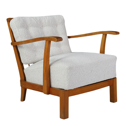 1950s French : slatted elmwood armchair with white bouclé