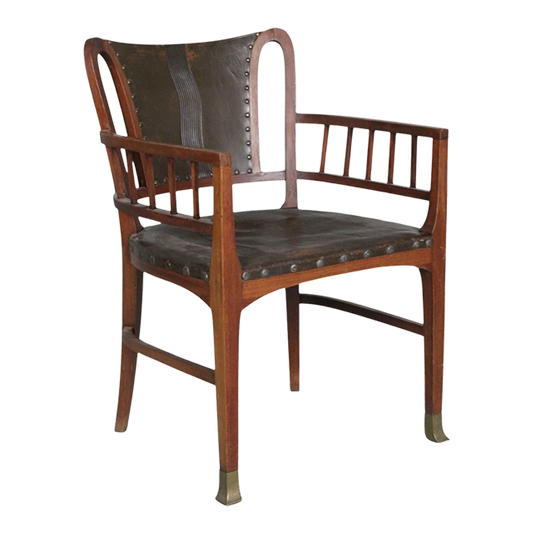 c1910 German Art Nouveau : sculpted walnut & leather armchair