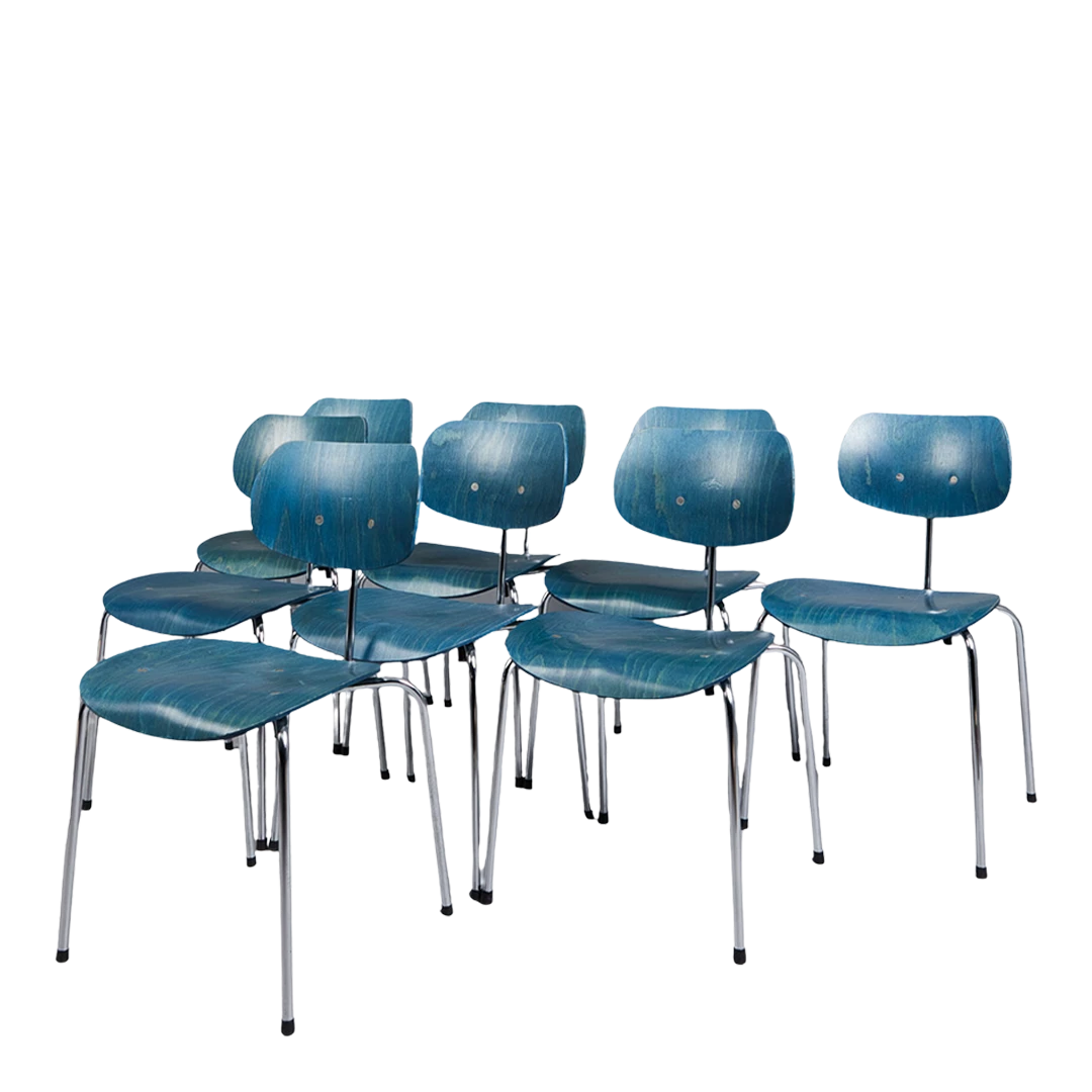 1951 Egon Eiermann : six 'SE 68' blue stained chairs, Germany