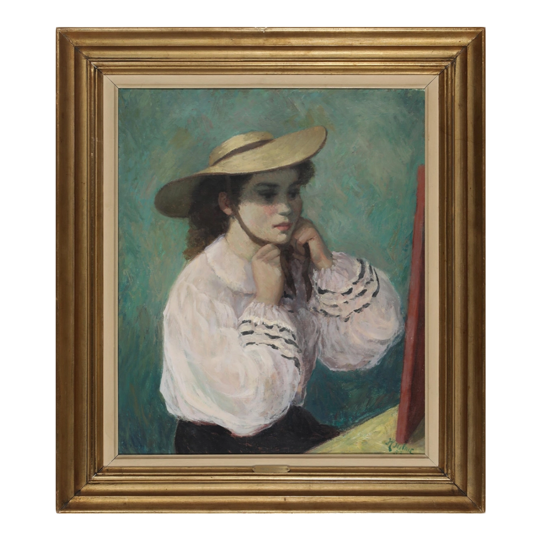 Helge Helme, Danish : c1953 portrait of a girl in hat, o/c