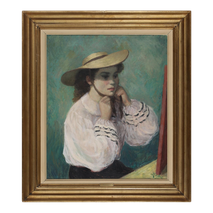 Helge Helme, Danish : c1953 portrait of a girl in hat, o/c