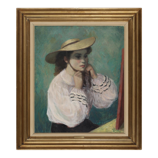 Helge Helme, Danish : c1953 portrait of a girl in hat, o/c