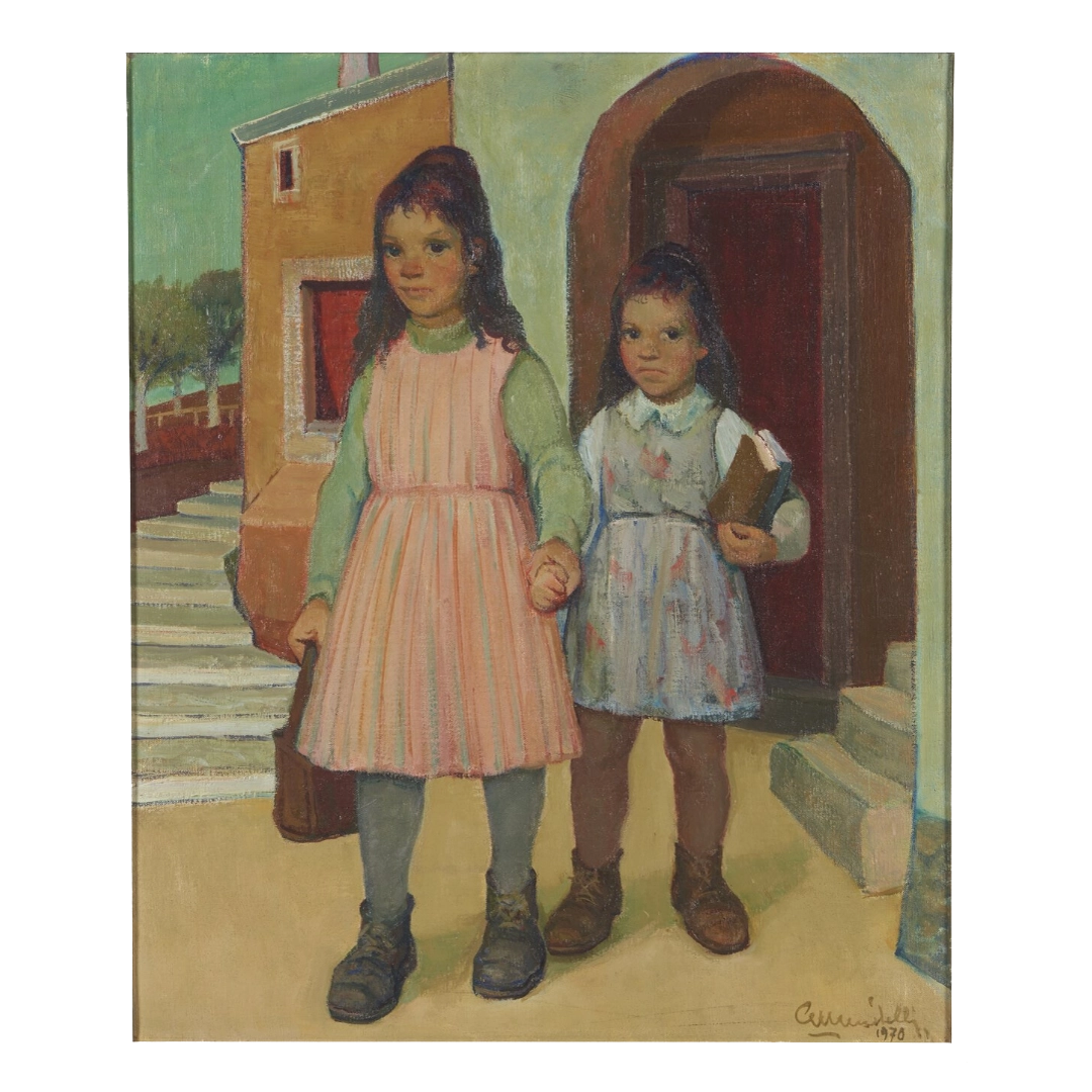 Giulio Vito Musitelli, Italy : c1970 two young school girls, o/c