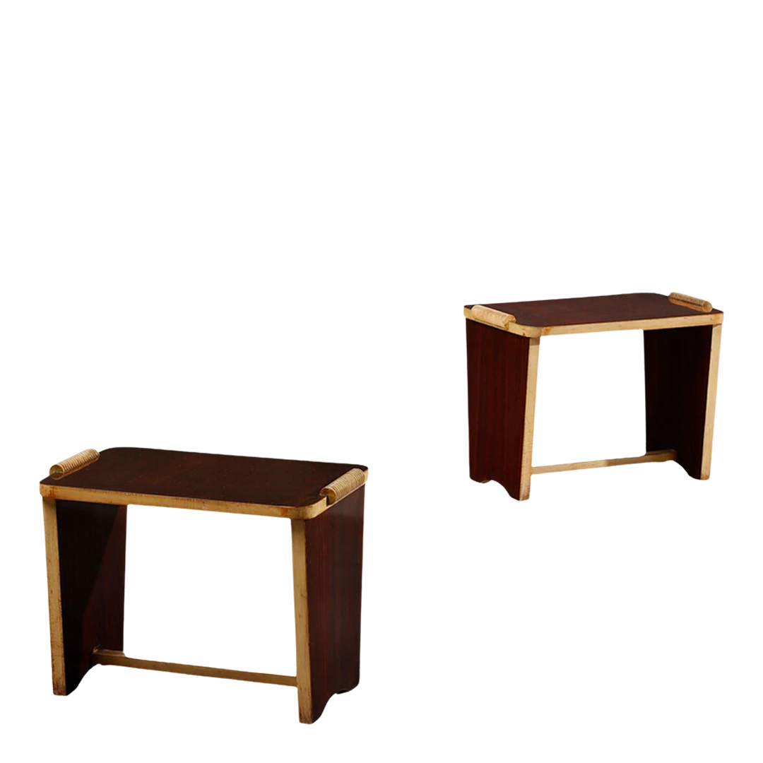 Pair 1940s Italian : mahogany stools w/carved handles