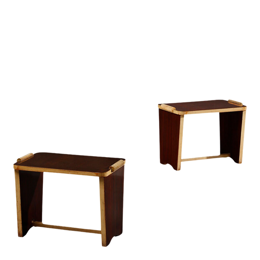 Pair 1940s Italian : mahogany stools w/carved handles