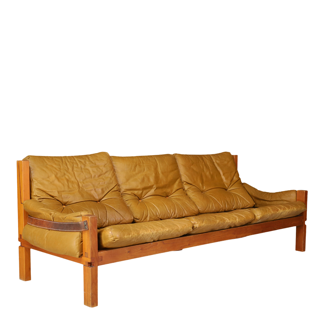 1960s Pierre Chapo : model S32 leather & elmwood sofa, France