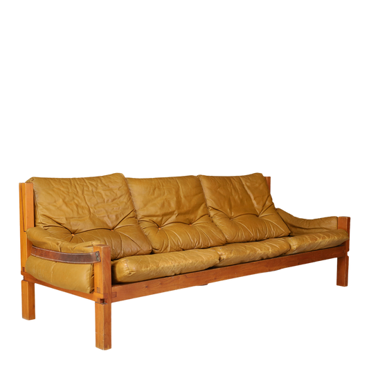 1960s Pierre Chapo : model S32 leather & elmwood sofa, France