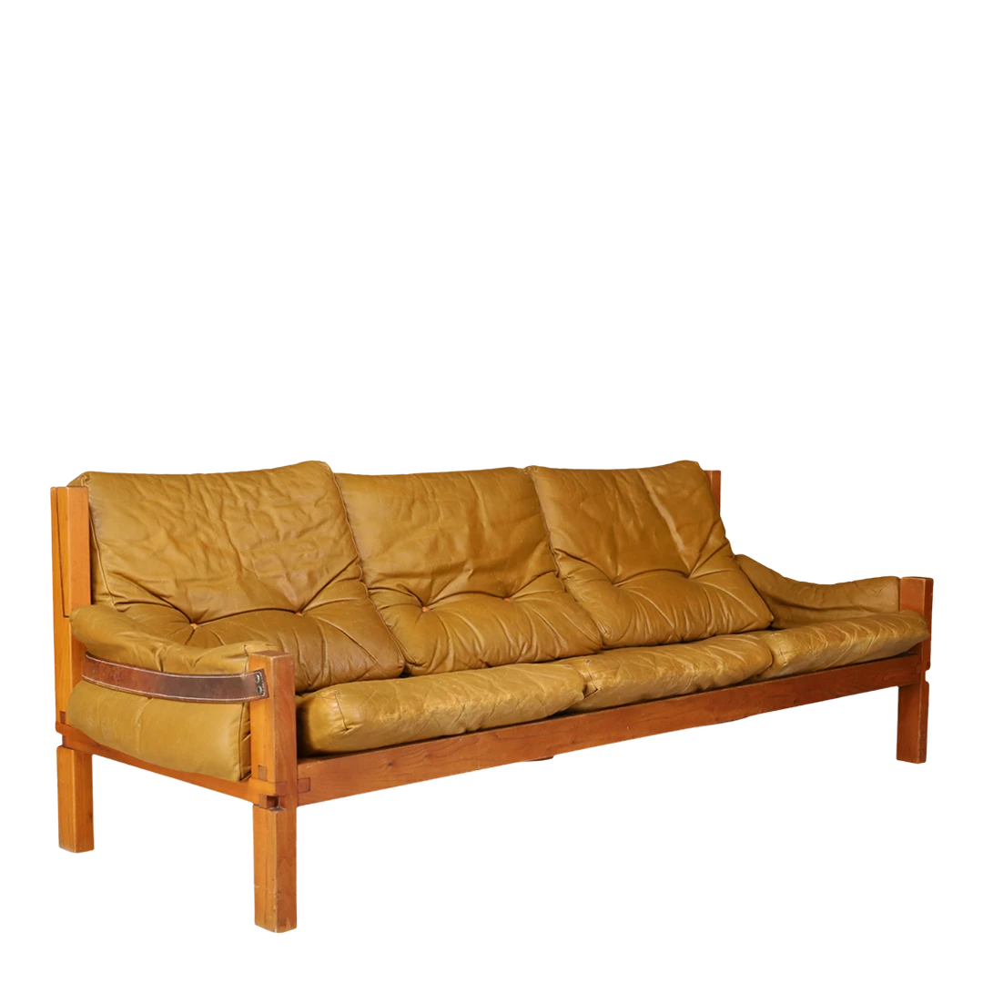 1960s Pierre Chapo : model S32 leather & elmwood sofa, France