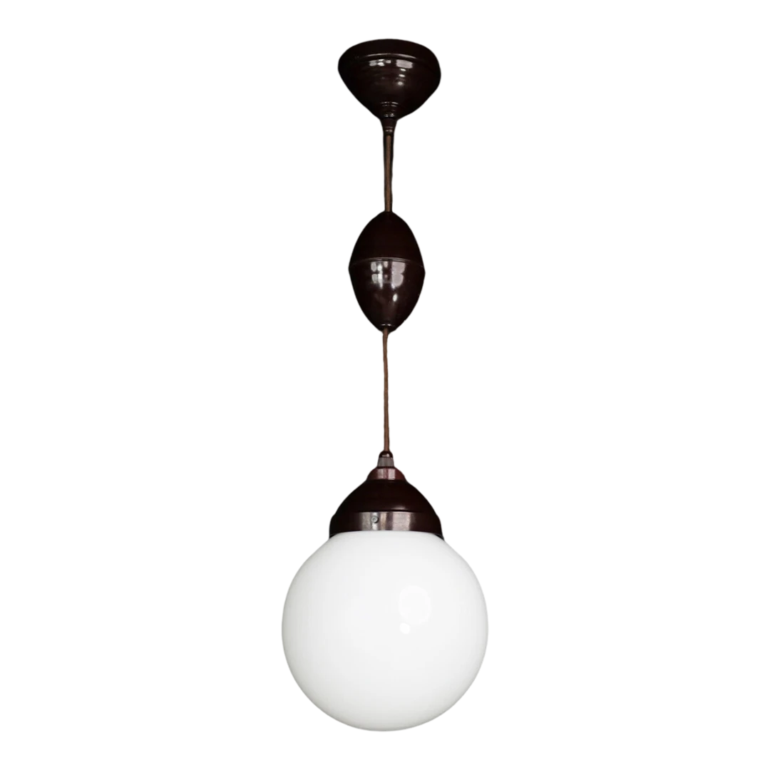 1920s French : opaline and bakelite adjustable ceiling pendant