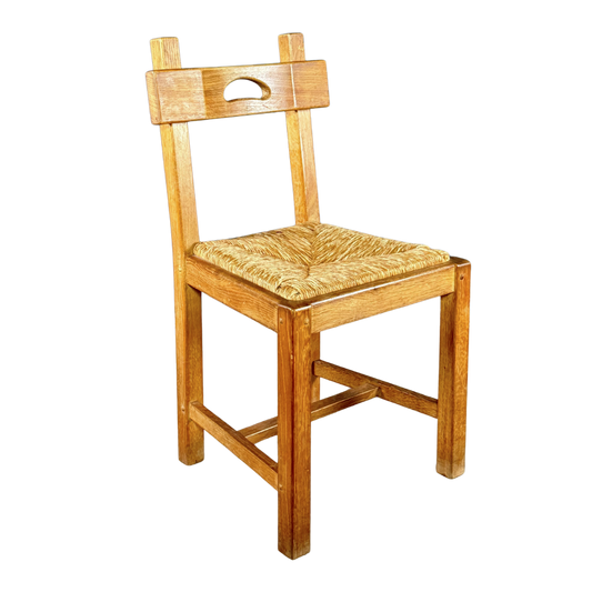 1940s French : set six French provincial oak & natural rush dining chairs