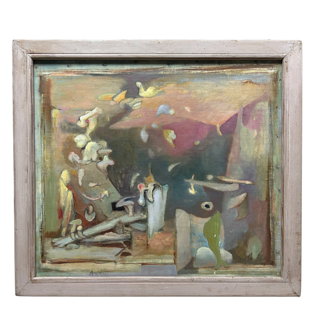 Mid-Century Eugene Arcieri : 15" x 13.5" abstract surrealist o/b, Woodstock artist