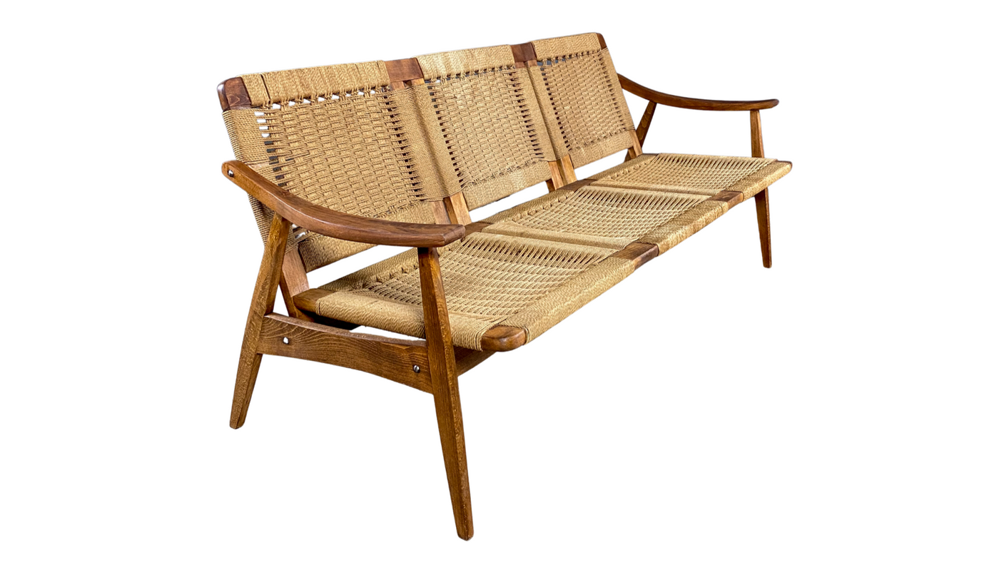 American mid-century oak and papercord 3-seat settee