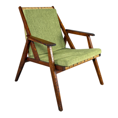 1950s Miroslav Navrátil : dark-stained oakwood armchair, linen straps