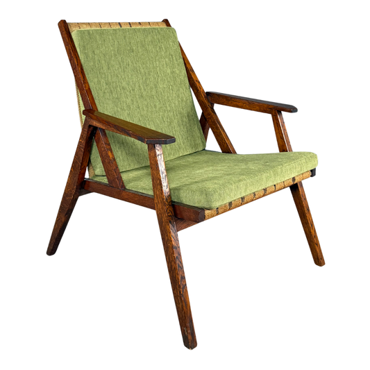 1950s Miroslav Navrátil : dark-stained oakwood armchair, linen straps