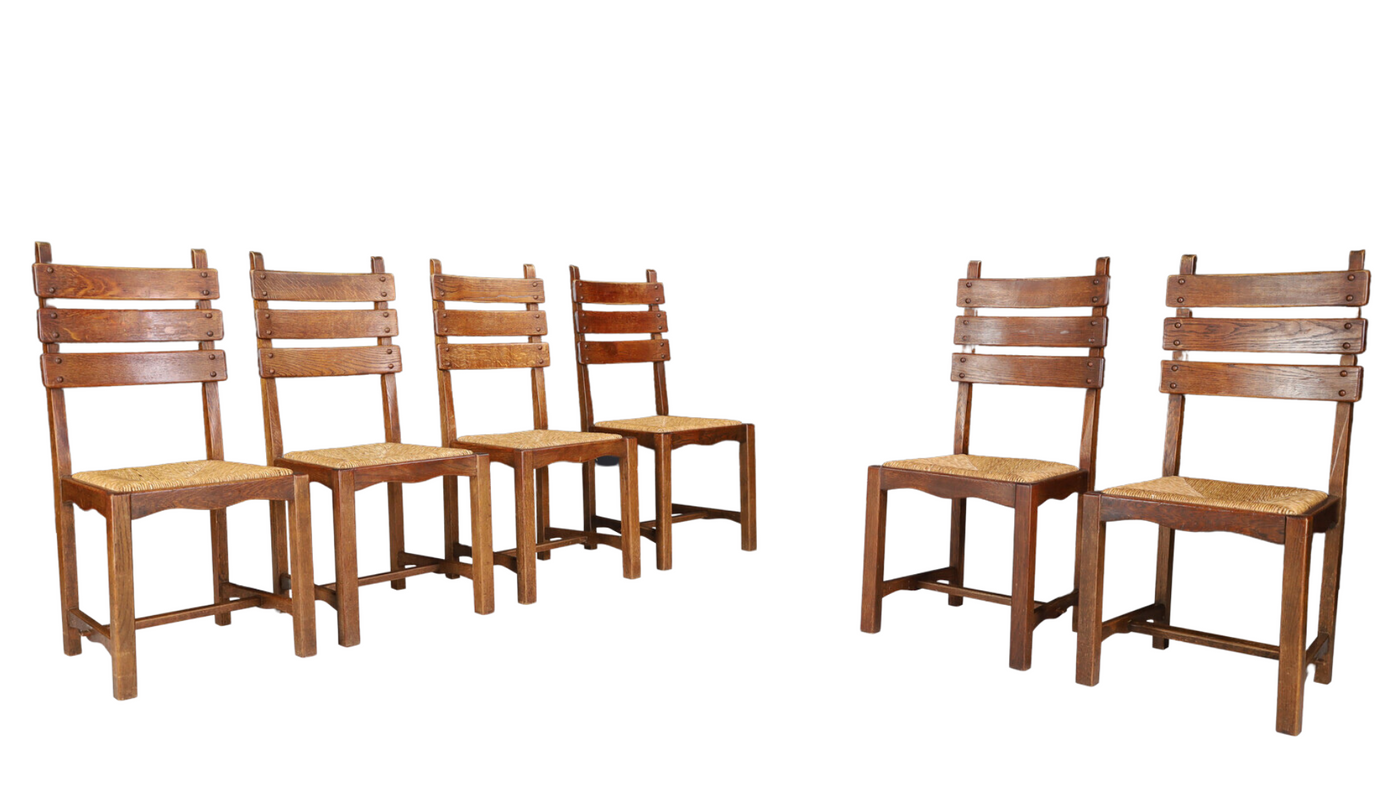 1950s set six French country oakwood dining chairs