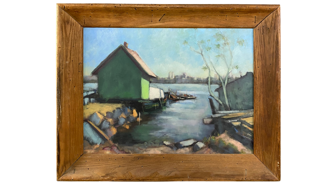 1940s American artist coast scene w/house. original frame