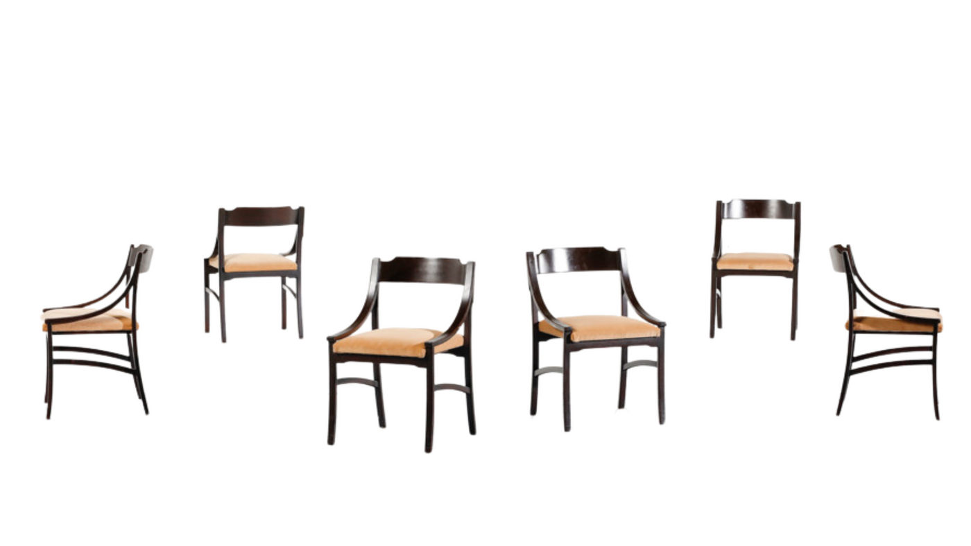 Set six Italian 1960s lacquered wood & velvet dining chairs