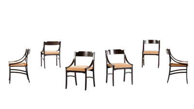 Set six Italian 1960s lacquered wood & velvet dining chairs