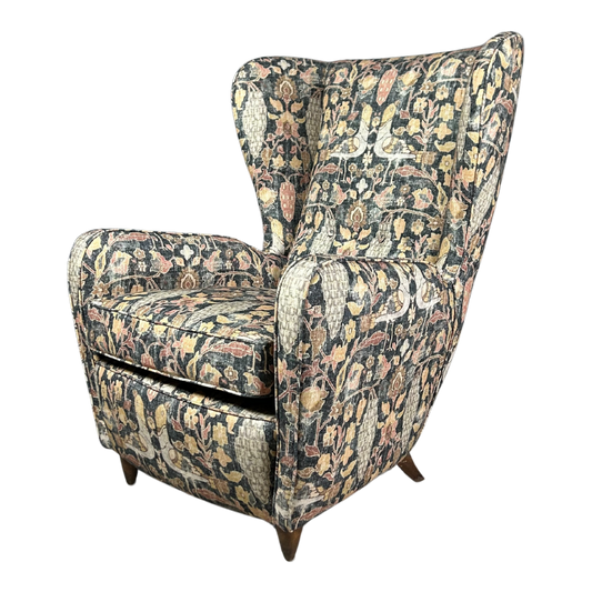 1950s Italian : bergère wingback lounge chair, new upholstery