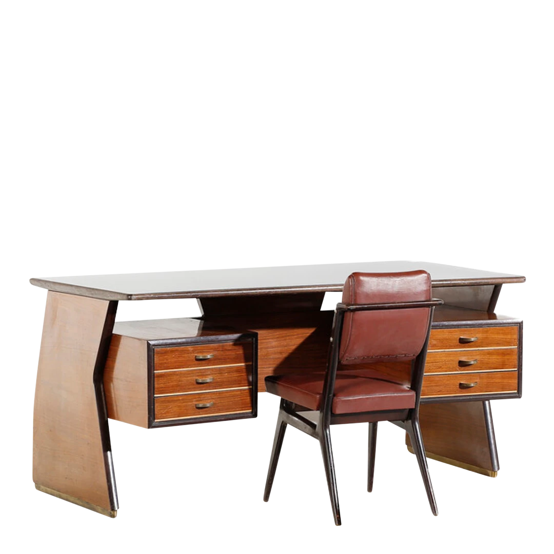 1950s Vittorio Dassi : desk in walnut & black glass, Italy