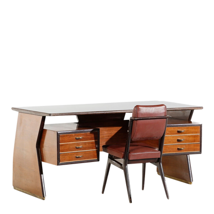 1950s Vittorio Dassi : desk in walnut & black glass, Italy