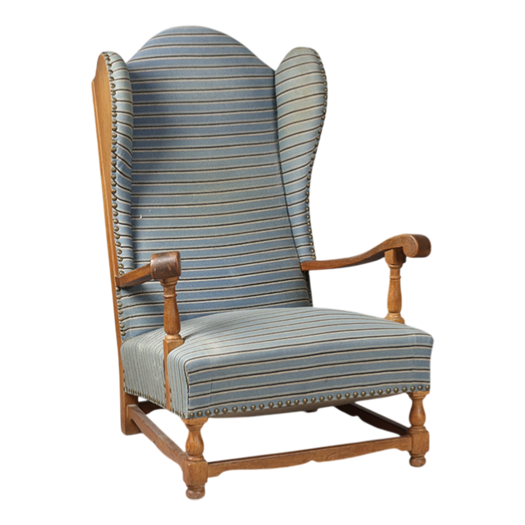 1940s Danish : solid oakwood tall wingback armchairs w/striped fabric