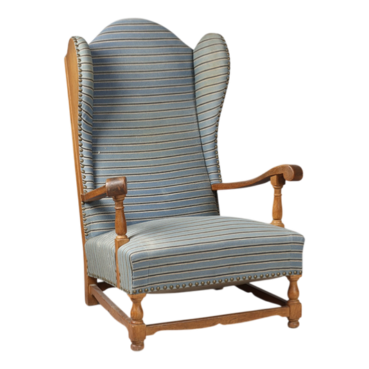 1940s Danish : solid oakwood tall wingback armchairs w/striped fabric