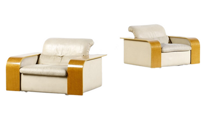 Pair 1970s Fratelli Saporiti leather & thuya wood lounge chairs
