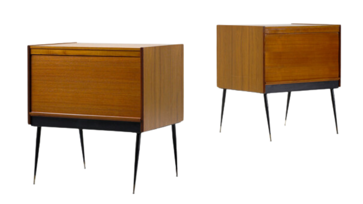 1950s Italian teakwood tambour cabinets on metal legs