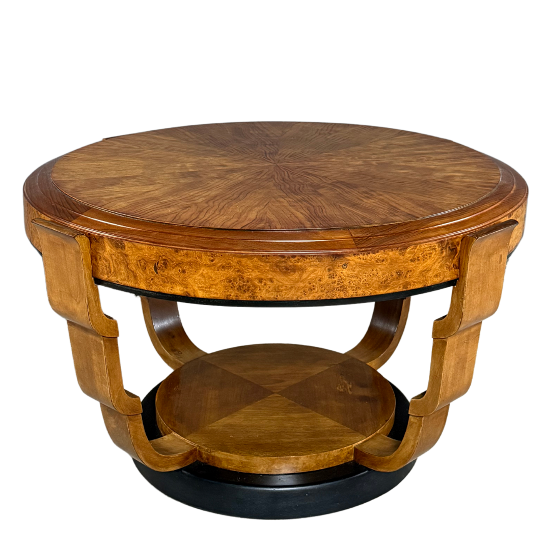 1930s European : round 38" Art Deco fruitwood coffee table