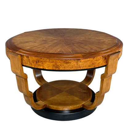 1930s European : round 38" Art Deco fruitwood coffee table