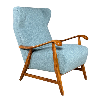 1950s French : sculpted elmwood armchair w/new upholstery