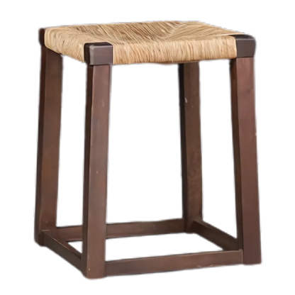 1950s French : square-form provincial oakwood stool w/rush seating