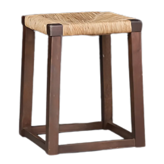 1950s French : square-form provincial oakwood stool w/rush seating