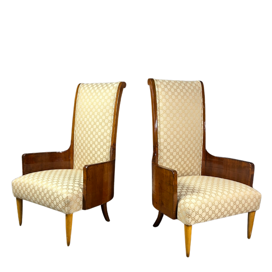 1940s Italian : pair of padded tall-back walnut armchairs