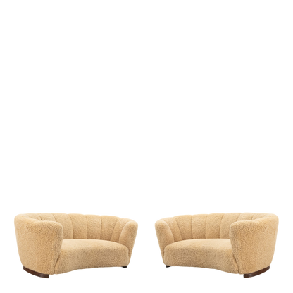 1930s Danish : classic 3-seat curved sofa, natural sheepskin