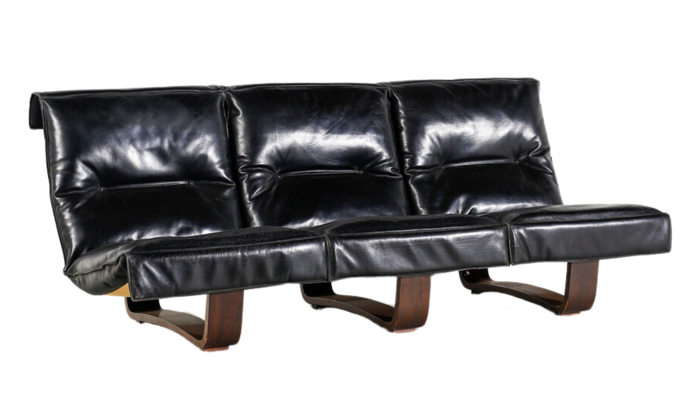 1970s black leather 3-seat bentwood sling sofa