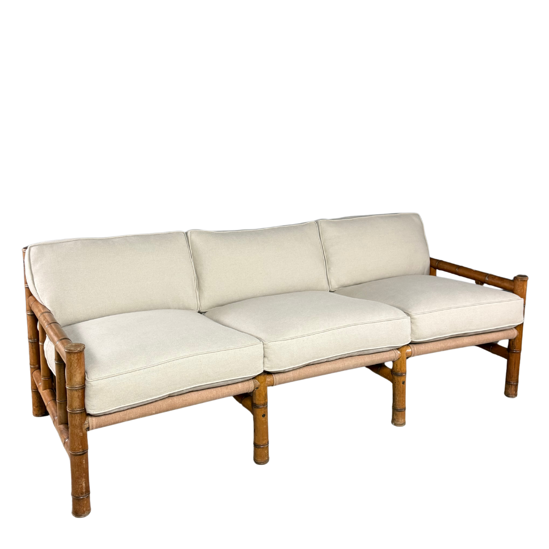 1970s Italian : faux bamboo, canvas sling 3-seat safari sofa