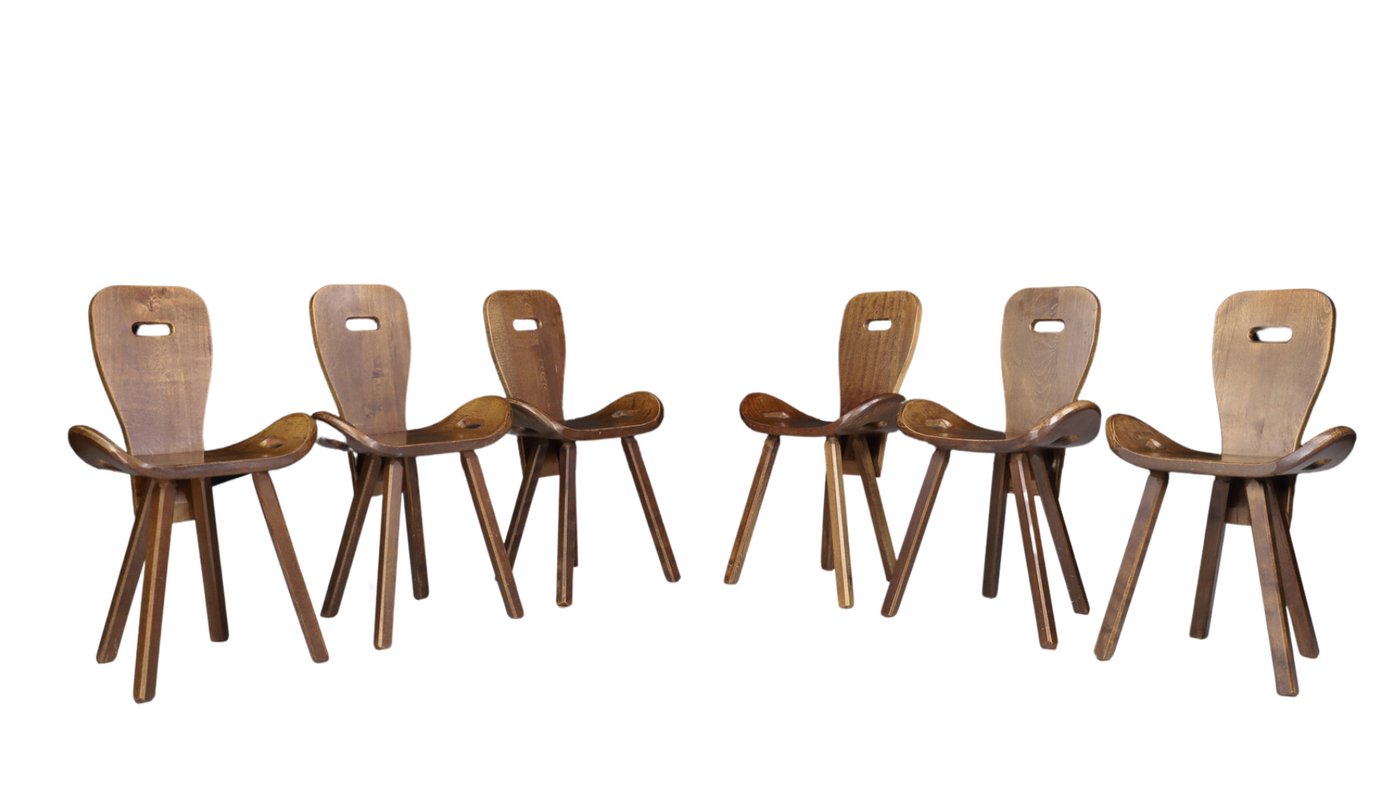 Set six 1960s French wood saddle or pub chairs