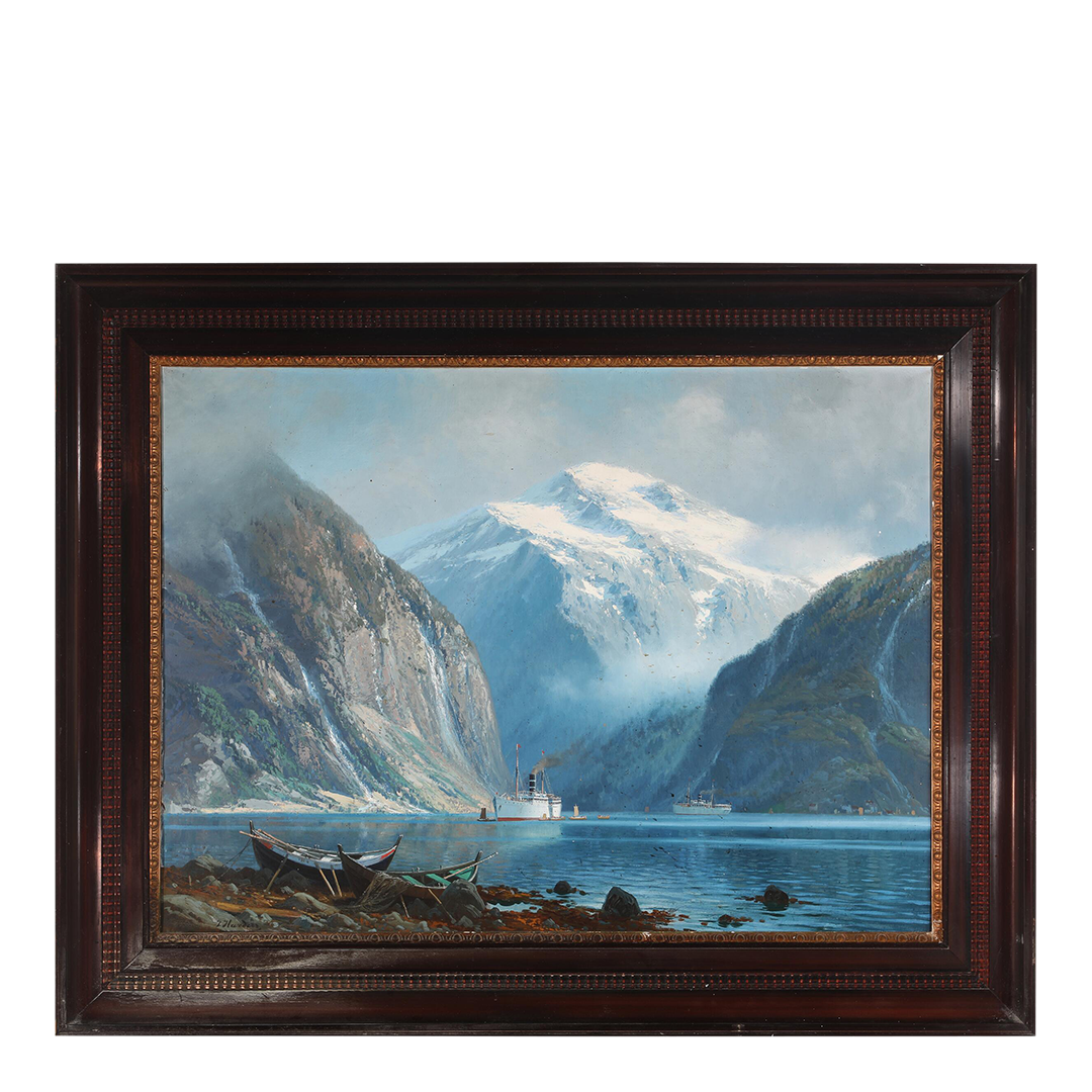 Johannes Harders (1871-1950) : o/c fjord landscape with steamships, 43"