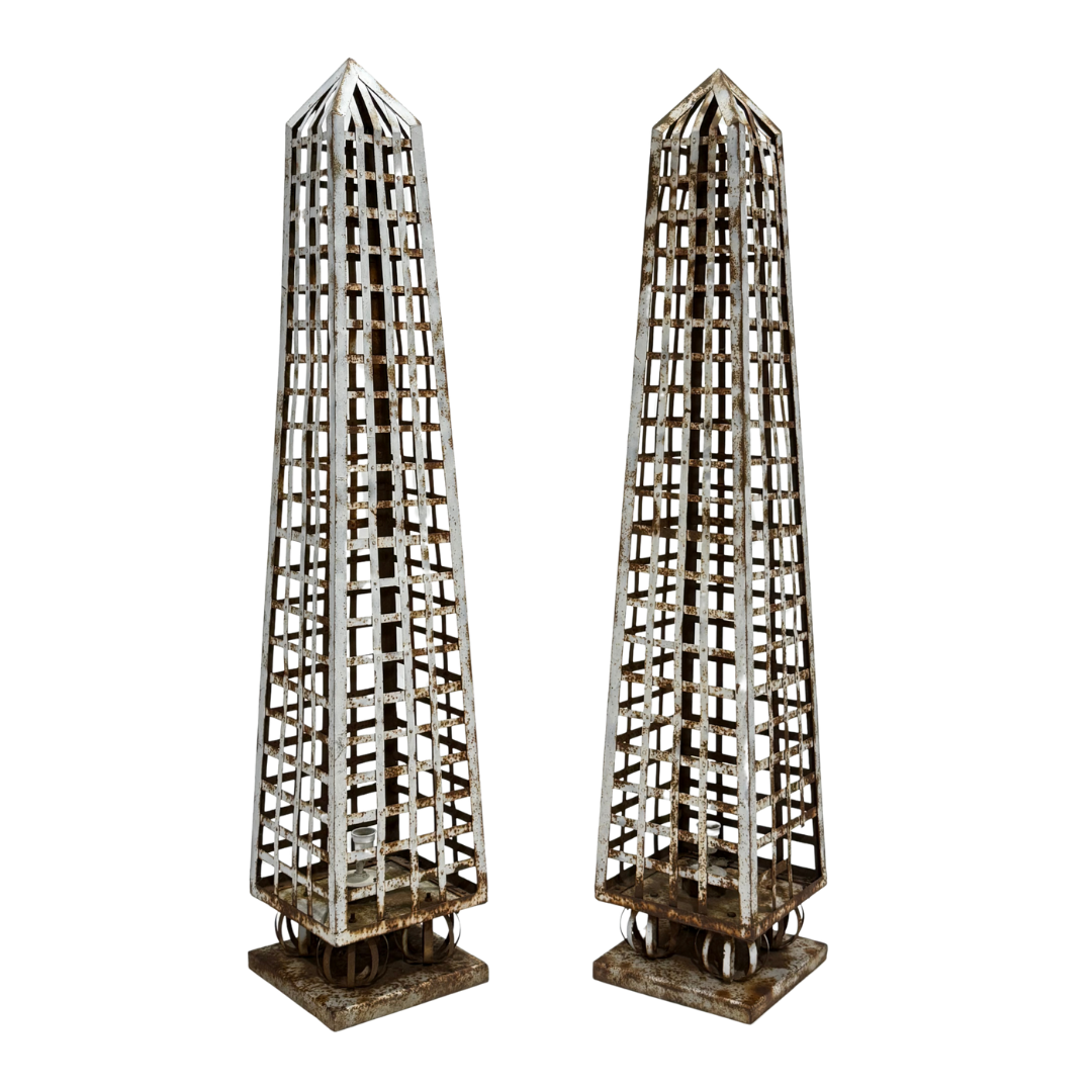 Pair 1980s European : white painted mesh metal 83" obelisk garden ornament