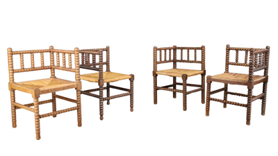 1950s French "bobbin" corner chairs w/rush seating, six available