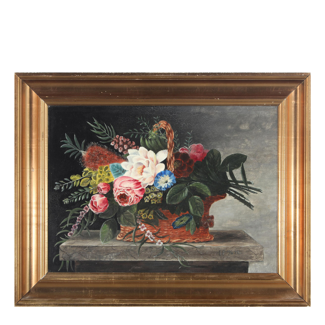 Danish painter, 20th century : Still life with flowers in a basket