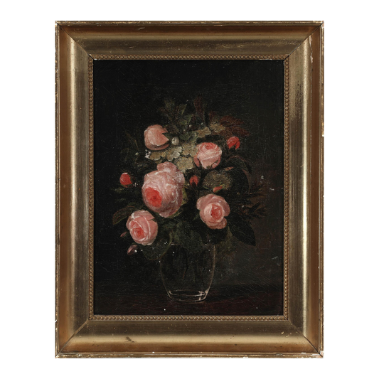 19thc I. L. Jensen School : Danish pink roses in a glass vase, O/C