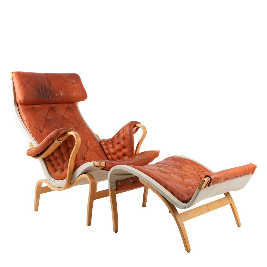 1970s Bruno Mathsson : rust orange leather "Pernilla" lounge chair + ottoman
