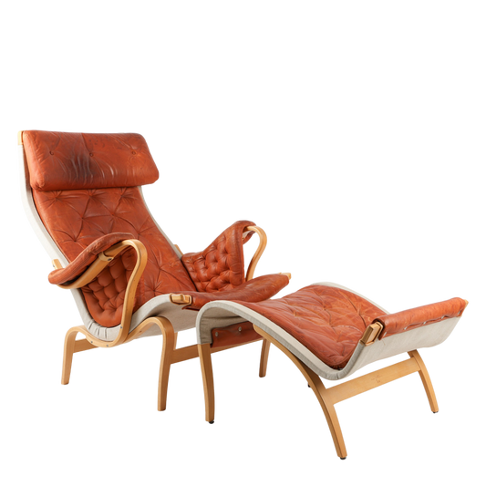 68 - 1970s Bruno Mathsson : rust orange leather "Pernilla" lounge chair + ottoman