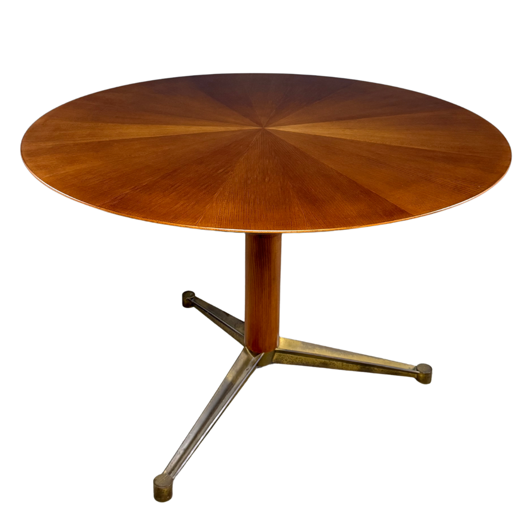 1950s Italian : sunburst top walnut and brass 45" center table